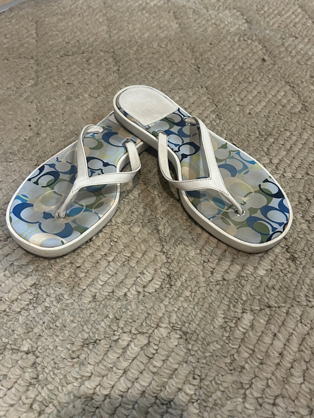 Coach White Strap Flip Flop Sandals with Blue & Green Pattern